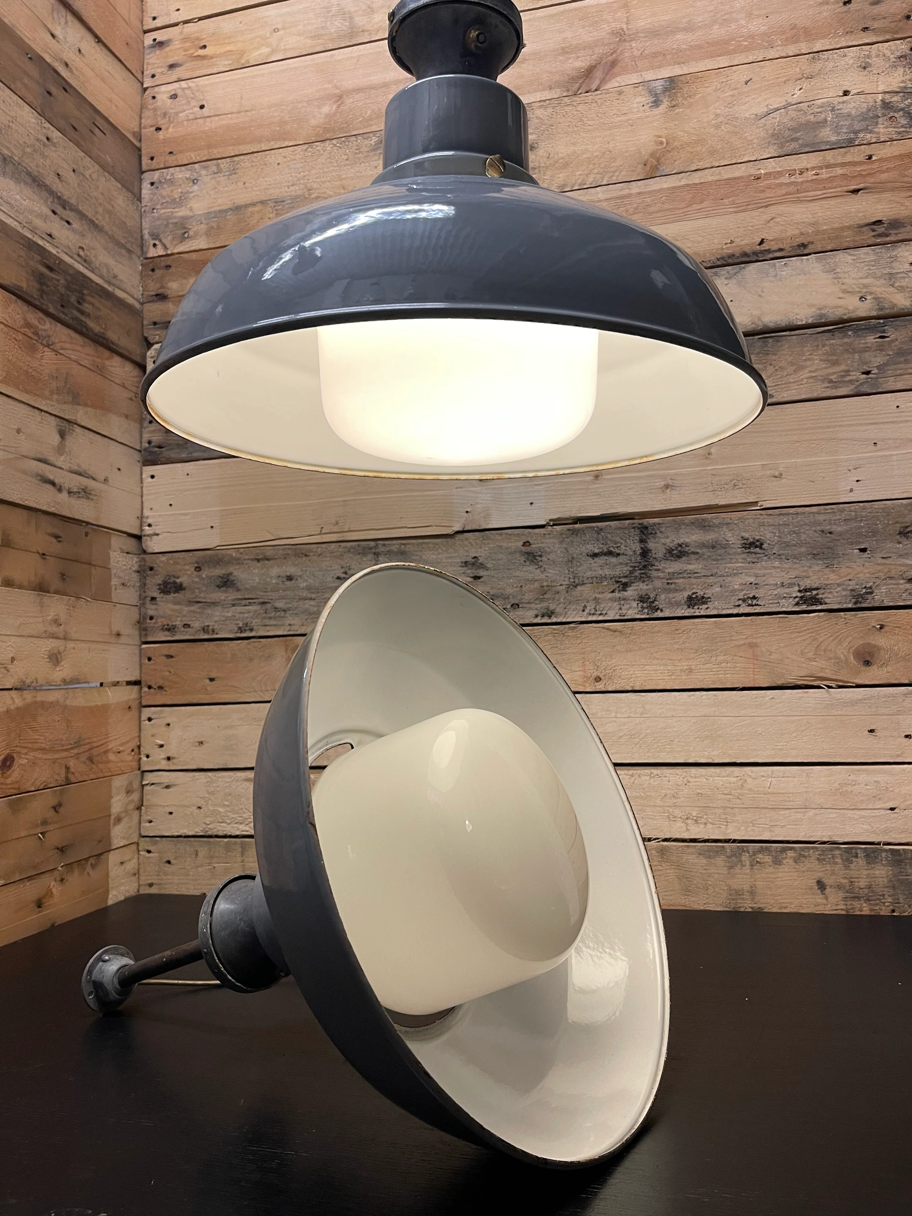 1930s Large Enamel Pendant Lights With Opaline Diffusers By Benjamin - Image 10
