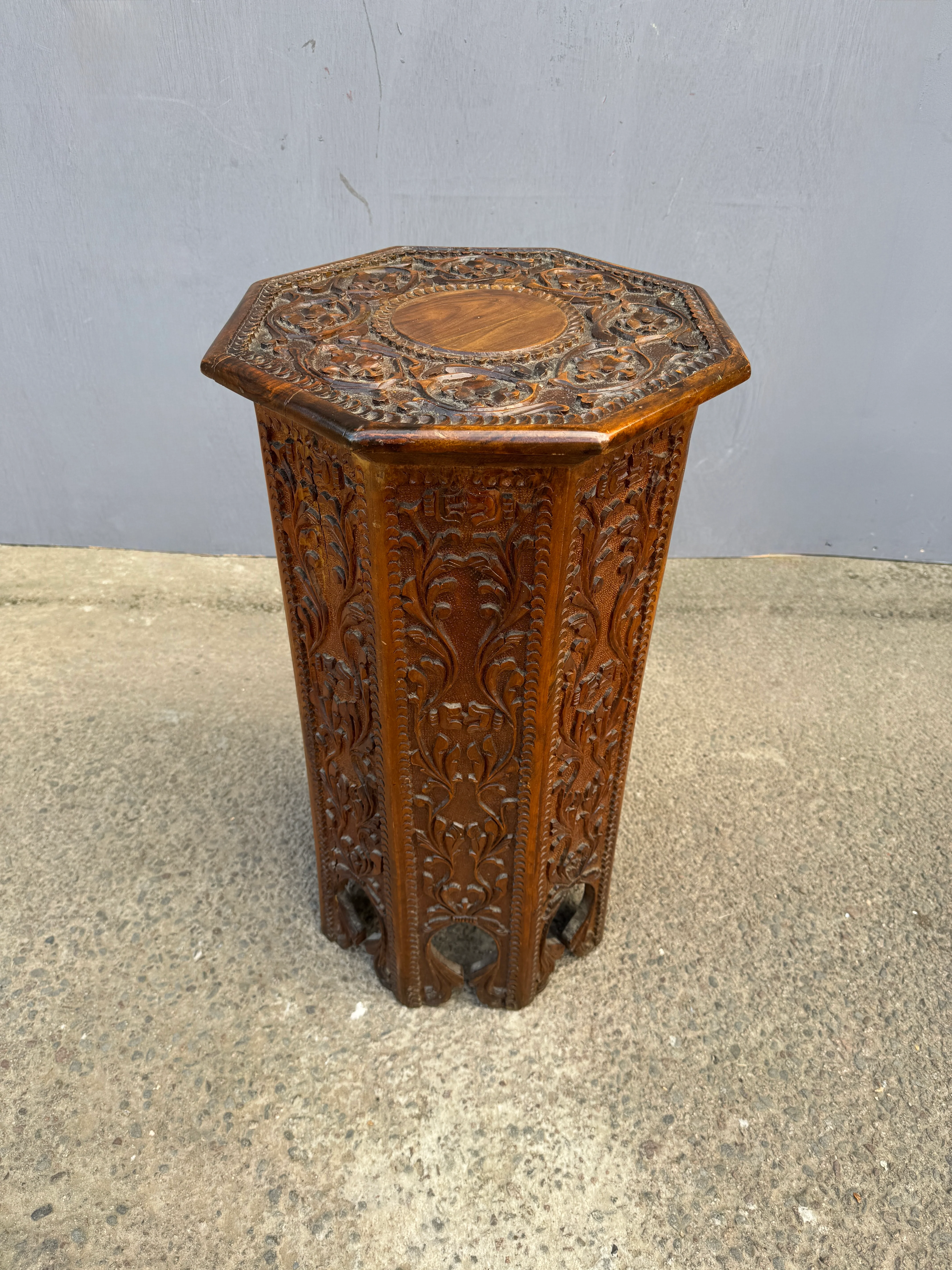 1950s Octaginal Hand Carved Walnut Turkish Table. - Image 4