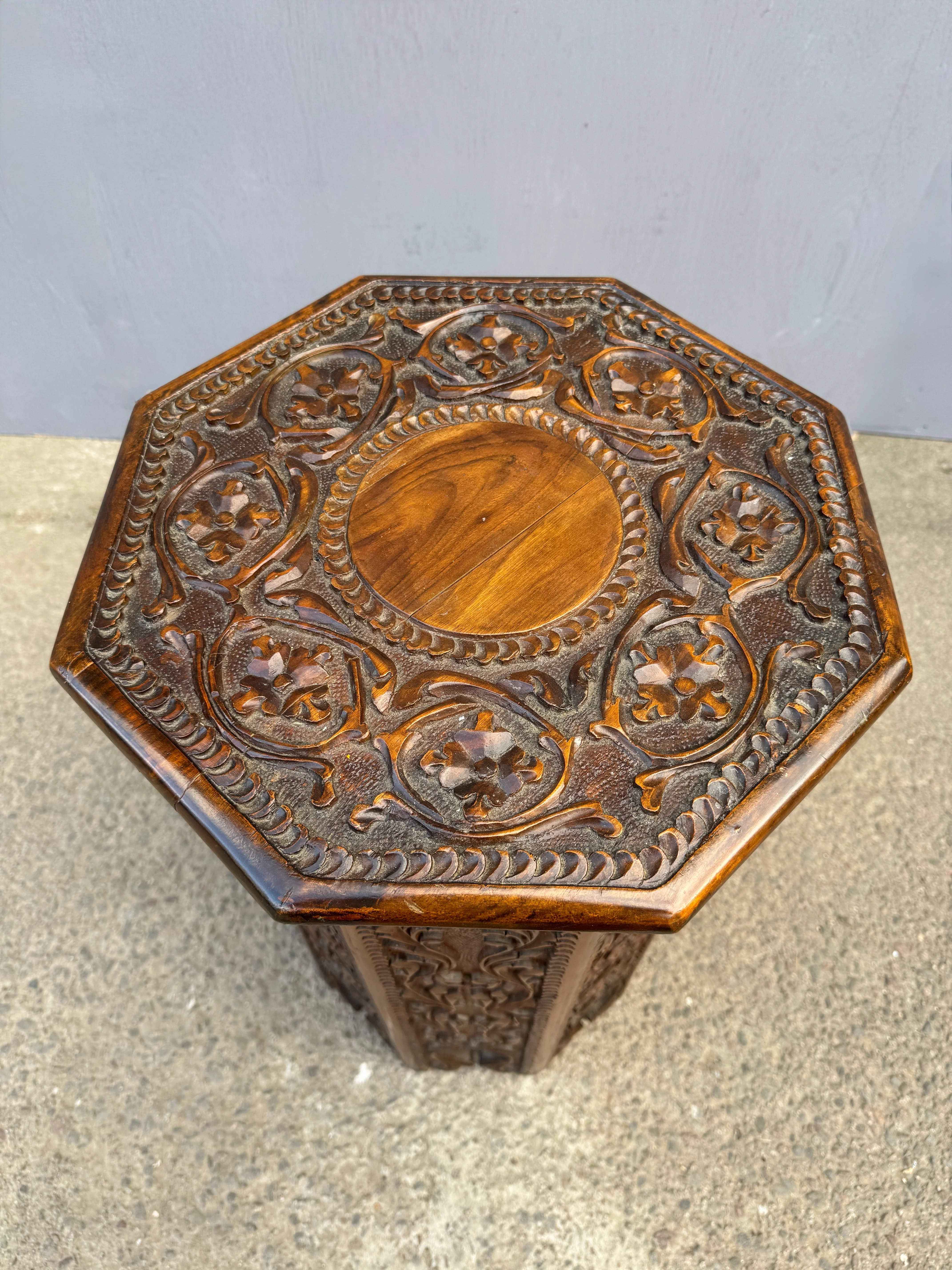 1950s Octaginal Hand Carved Walnut Turkish Table. - Image 5