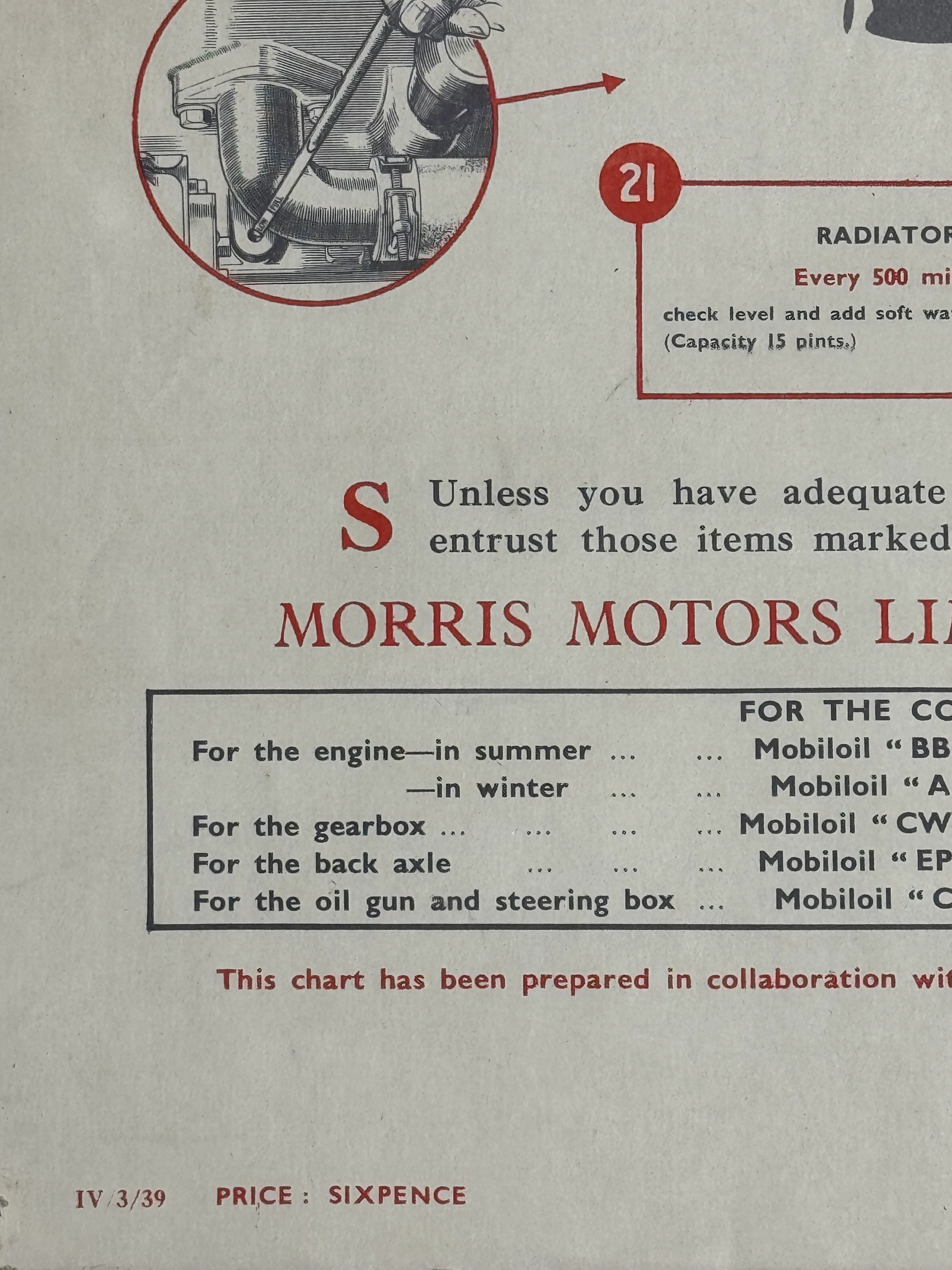1950s Morris Eight Series E Mobil Lubrication & Adjustment Chart - Image 8