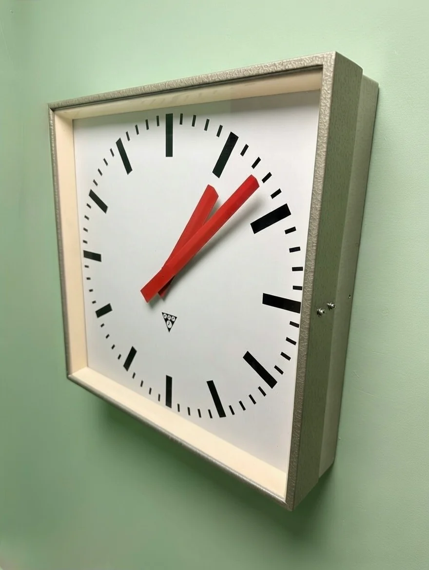 Large Czech Industrial 1970s Square Factory Clocks By Pragotron - Image 5