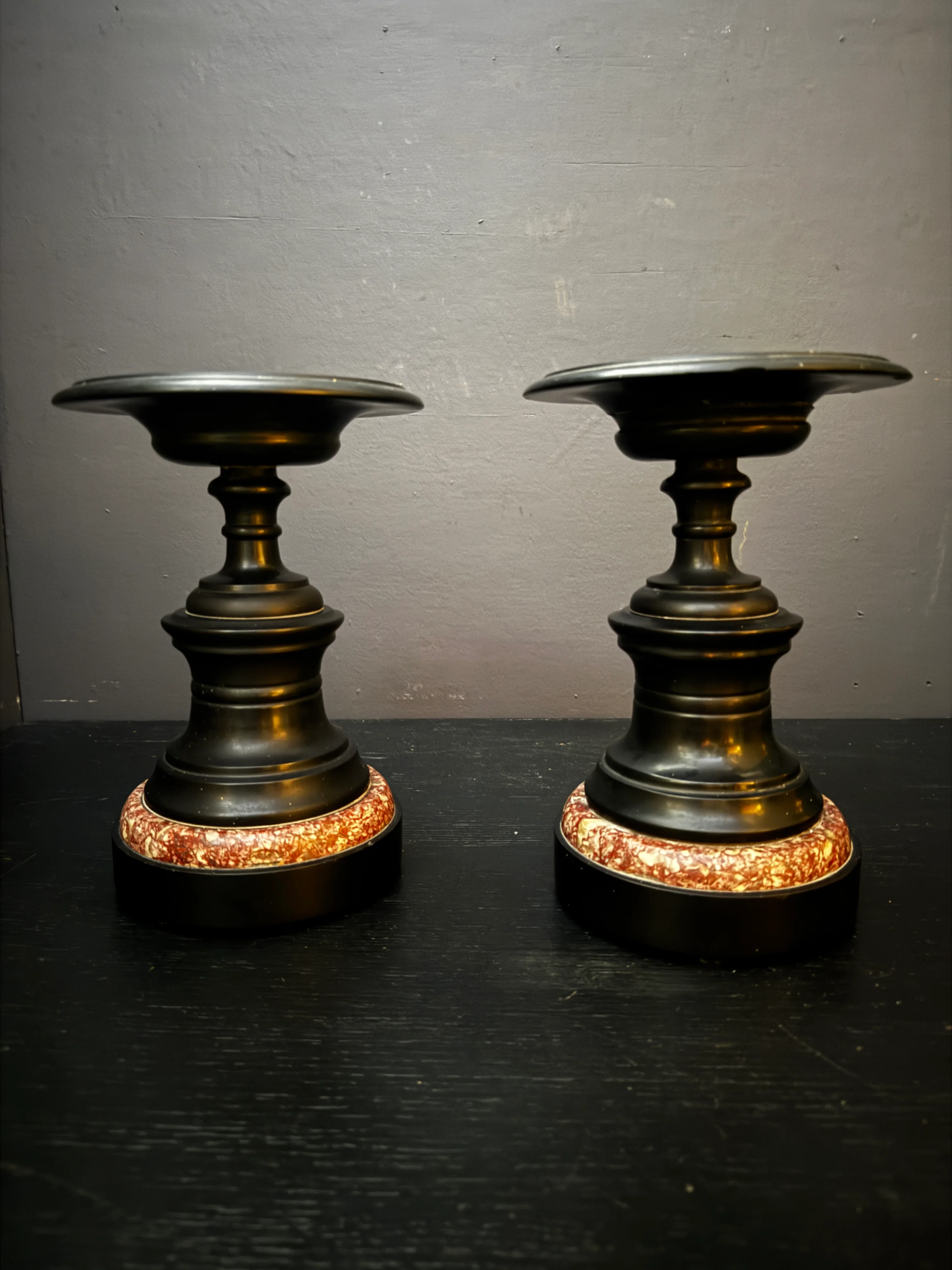 Mid 1800s Pair Of French Turned Black Marble Candle Sticks - Image 3