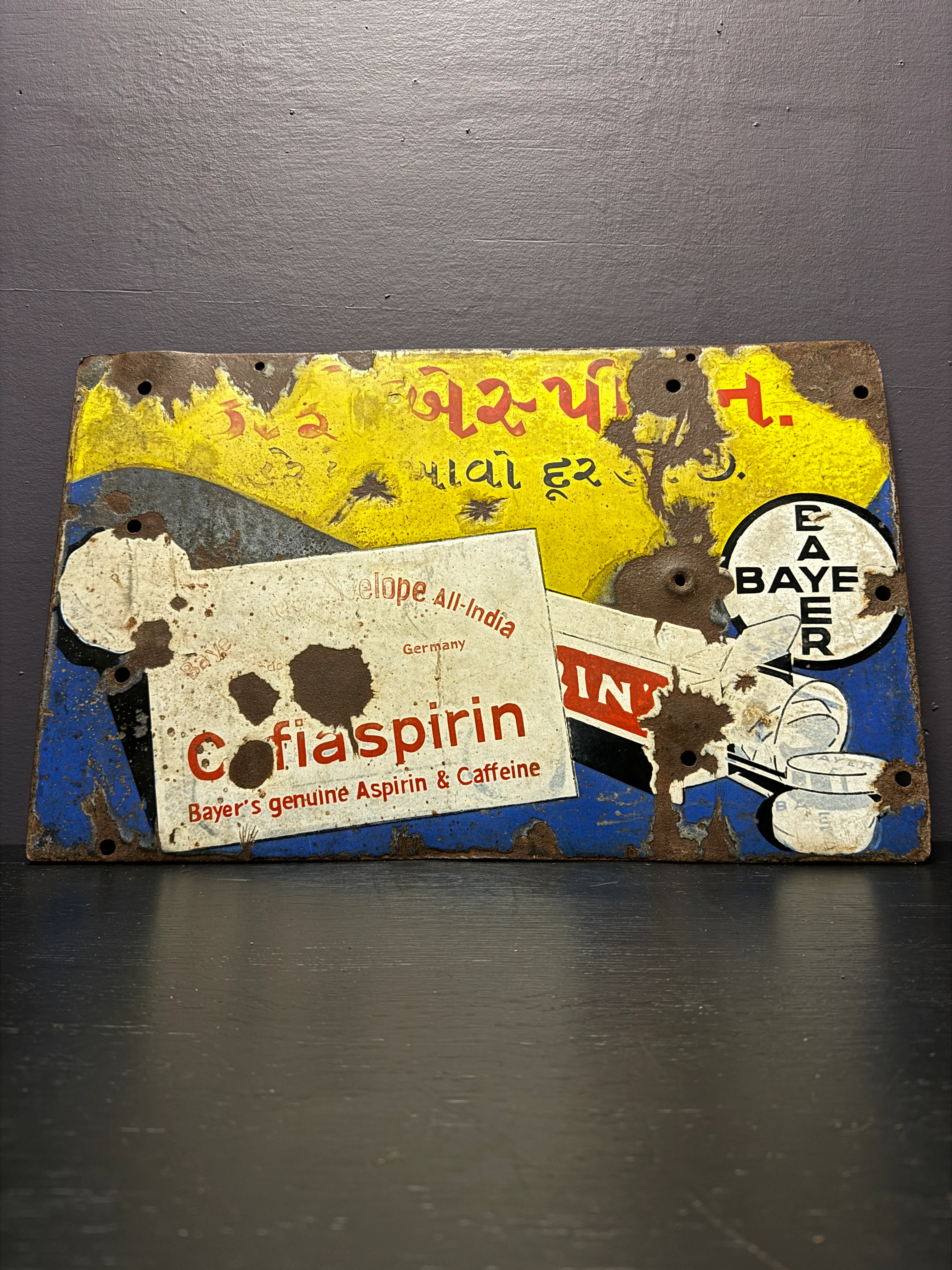 1940S Vintage Bayer Cafiaspirin Double Sided Enamel Advertising Sign - Image 6